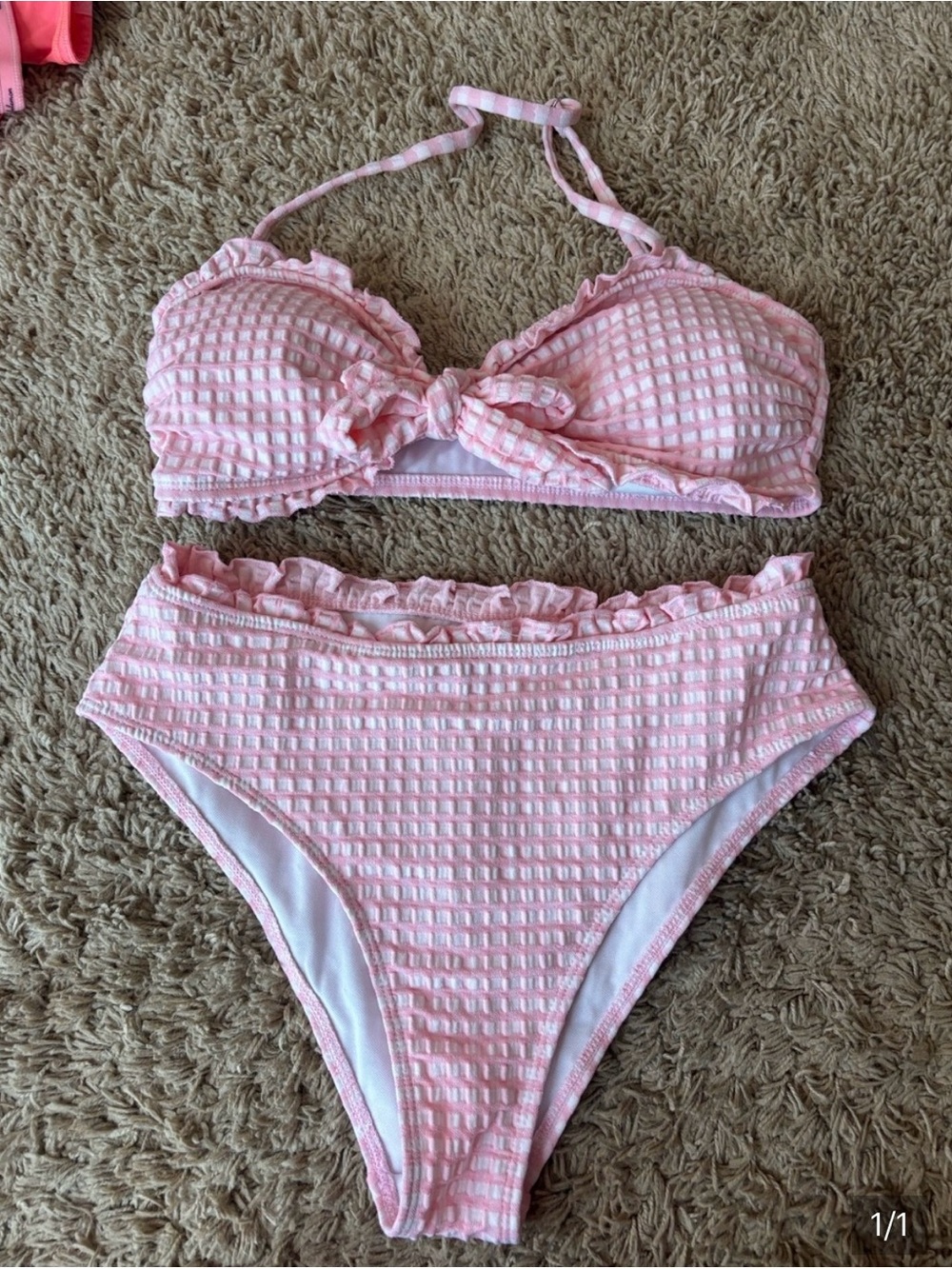SHEIN Pink Seersucker Ruffle High-Waist Bikini Set